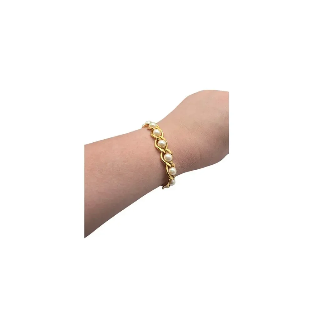 Gold Pearl Link Bracelet Chunky Chain Style Classic Glam Elegant